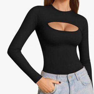 ALGALAROUND Women's Cutout Long-Sleeve Top *Not a Bodysuit* (Size L, Black)
